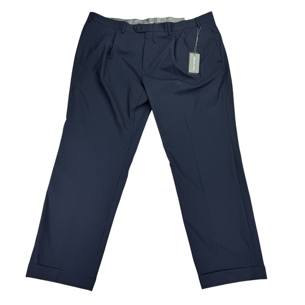 Michael Kors Mens Pleated Cuffed Solid Classic Fit Stretch Pants Navy Blue 42x30